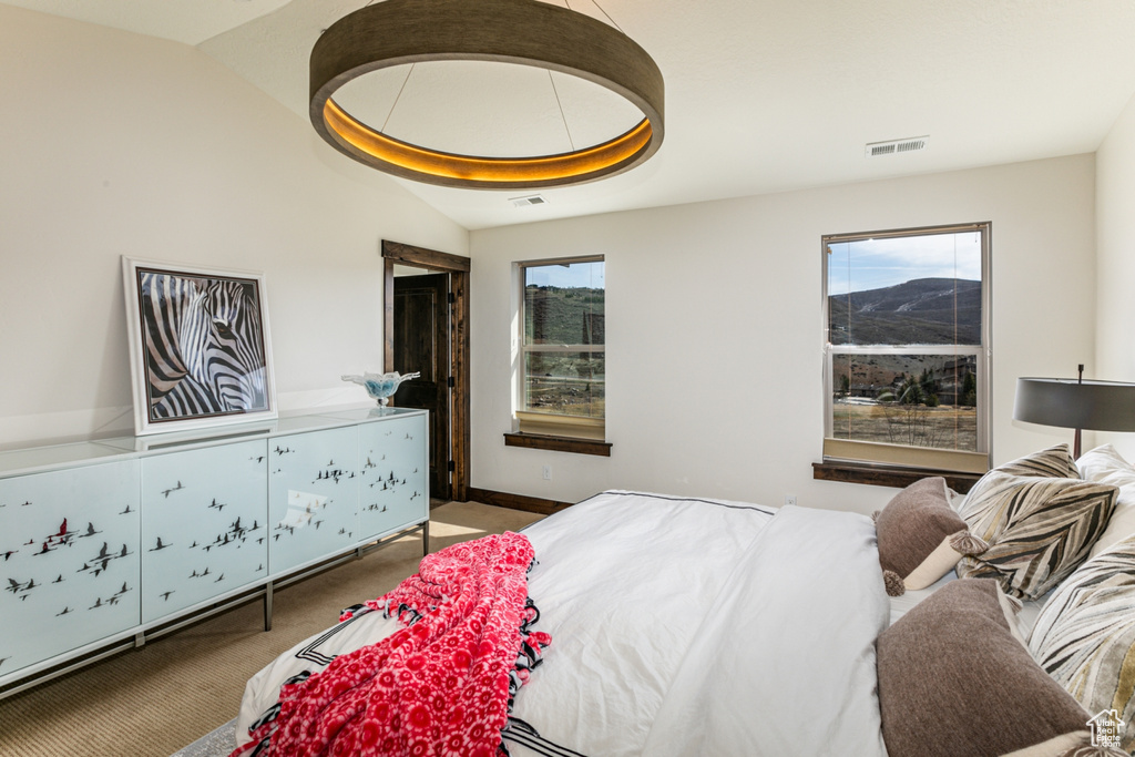 Bedroom with carpet flooring and lofted ceiling