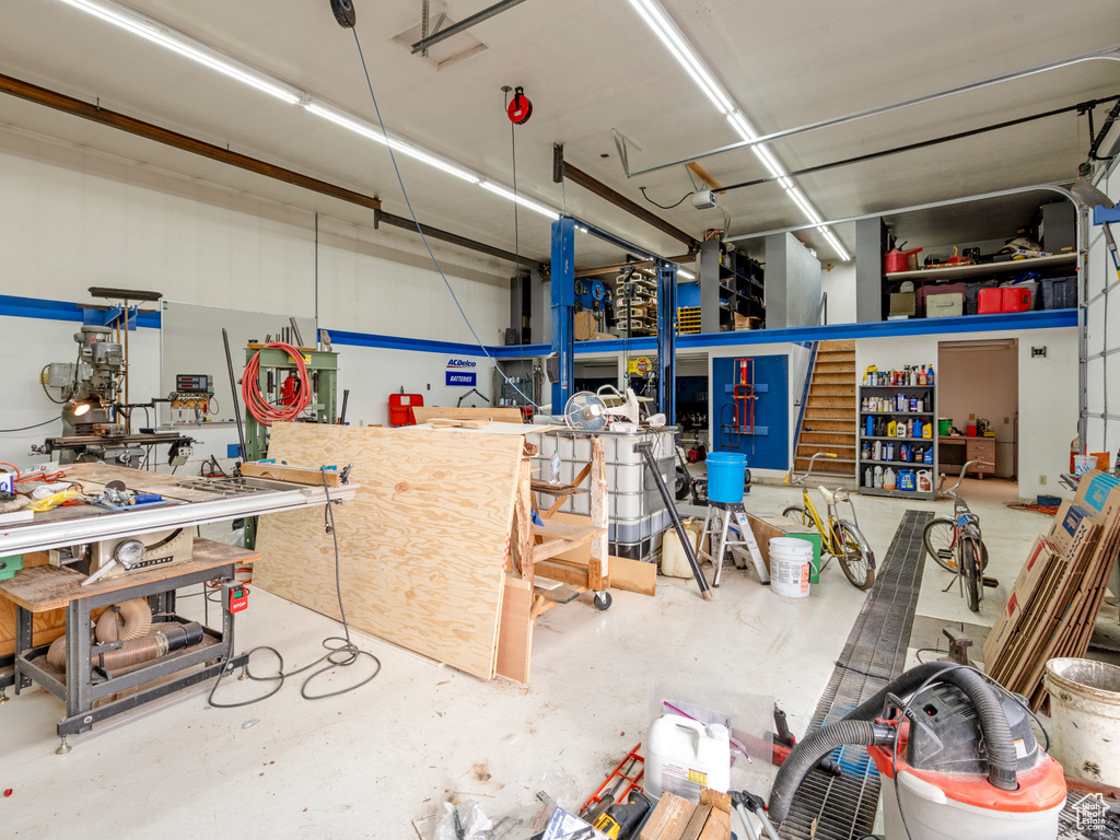 Garage with a workshop area