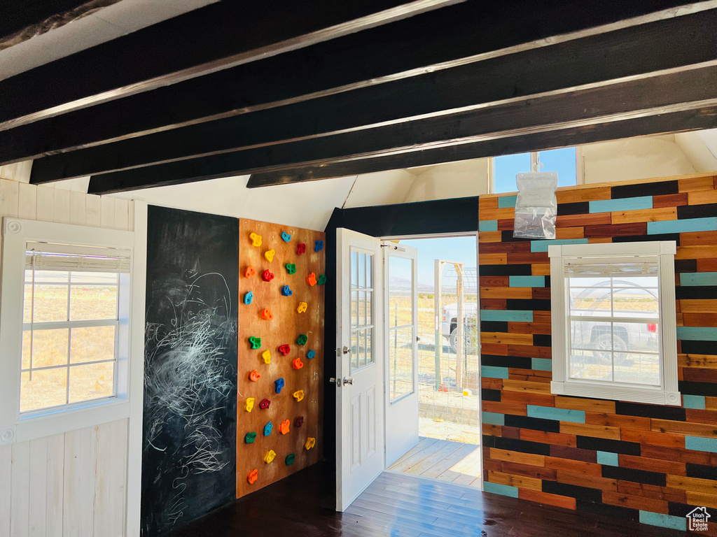 Interior space with dark hardwood / wood-style floors, a healthy amount of sunlight, and wood walls