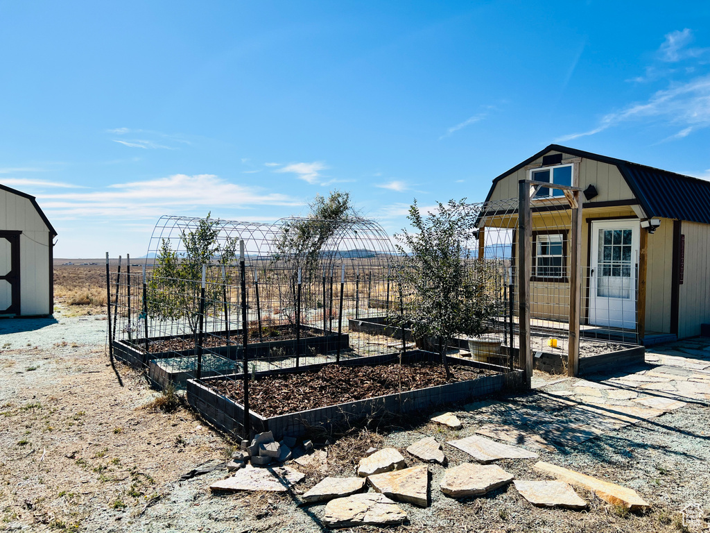 View of yard featuring a storage unit