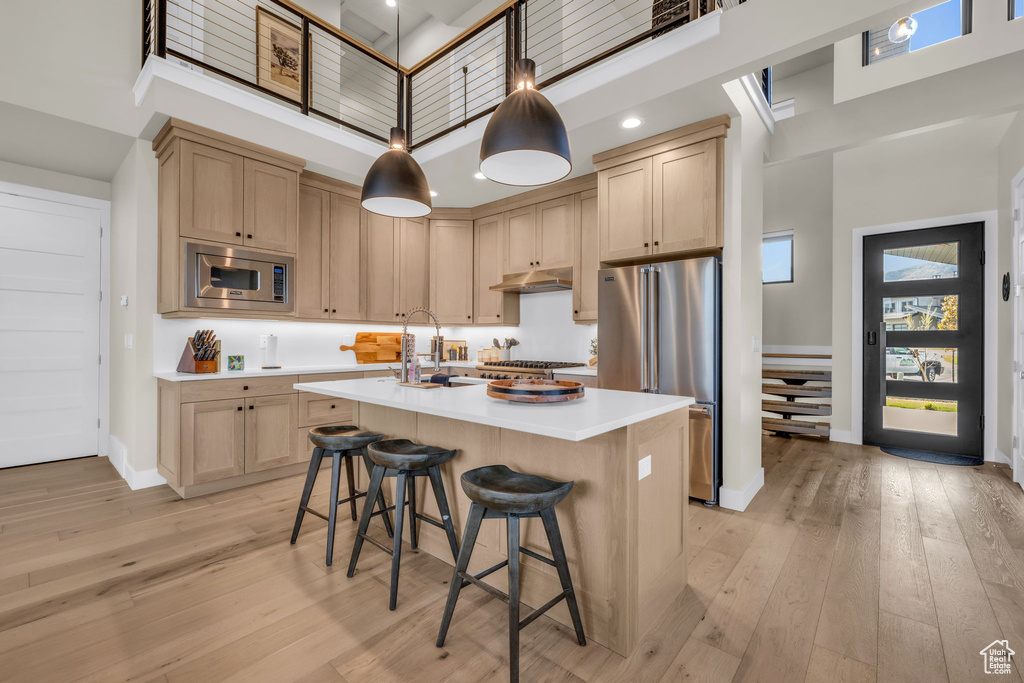 Kitchen with light brown cabinetry, appliances with stainless steel finishes, light wood-type flooring, a high ceiling, and a center island with sink