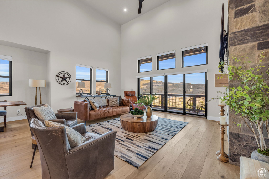 Living room featuring a wealth of natural light, a high ceiling, and light hardwood / wood-style flooring