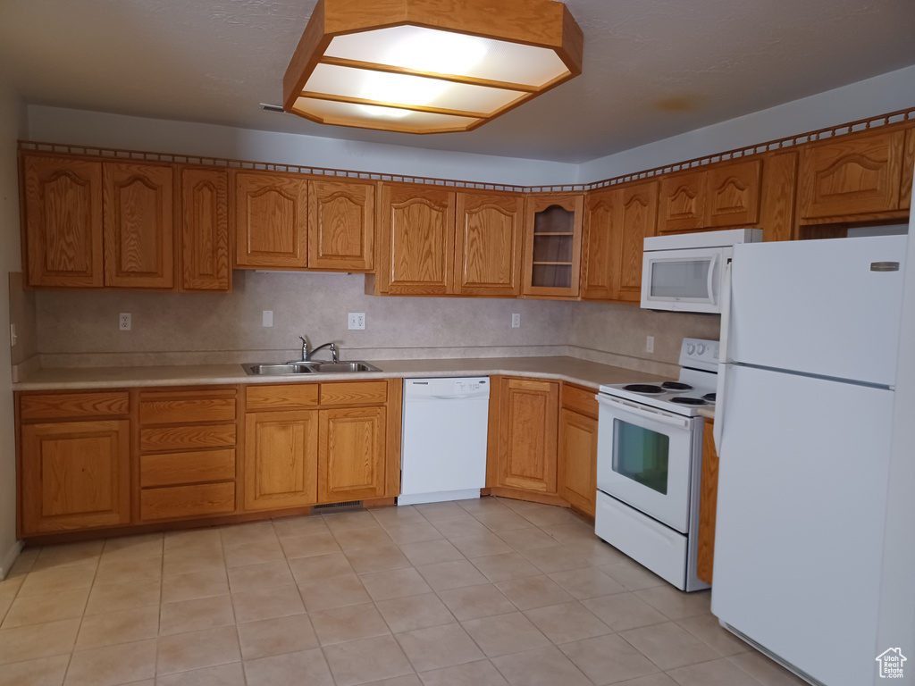 Kitchen featuring white appliances and sink