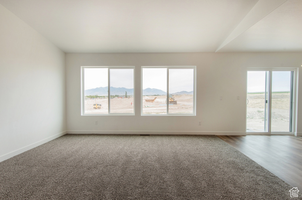 Spare room with hardwood / wood-style floors and a mountain view