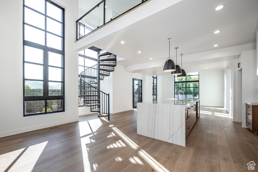 Kitchen with a spacious island, a towering ceiling, pendant lighting, and hardwood / wood-style floors