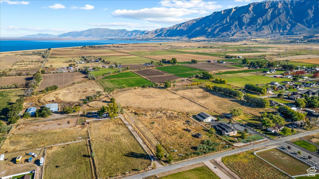 Aerial view with a water and mountain view