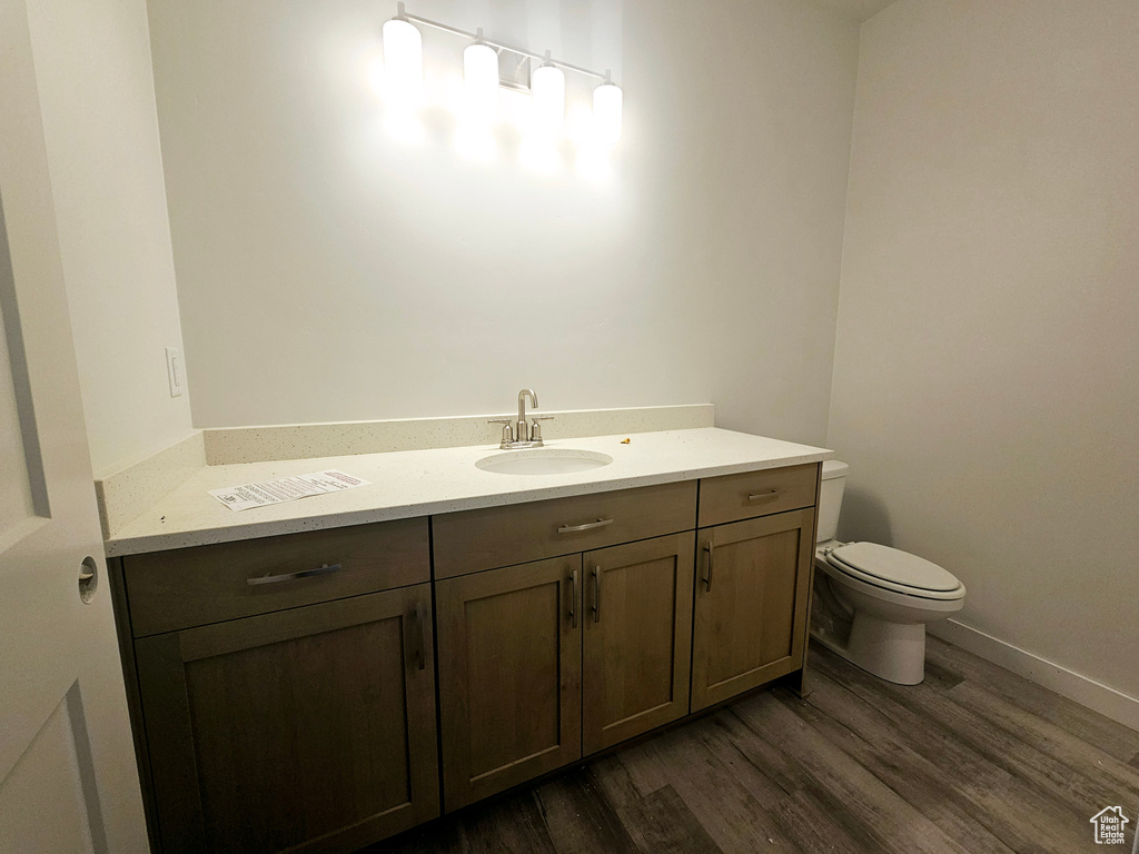 Bathroom featuring vanity, hardwood / wood-style floors, and toilet