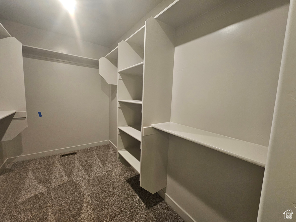 Walk in closet featuring dark carpet