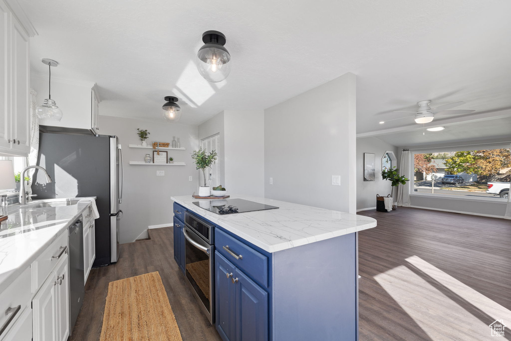 Kitchen with dark wood-type flooring, blue cabinetry, appliances with stainless steel finishes, and white cabinets