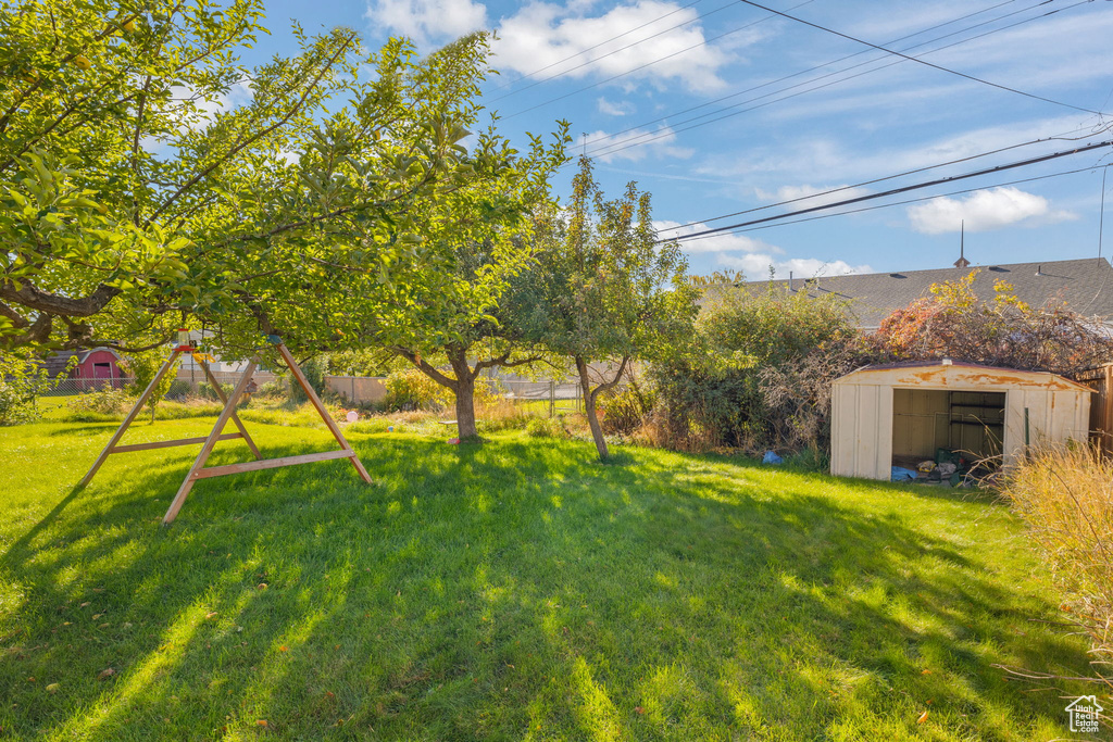 View of yard featuring a shed