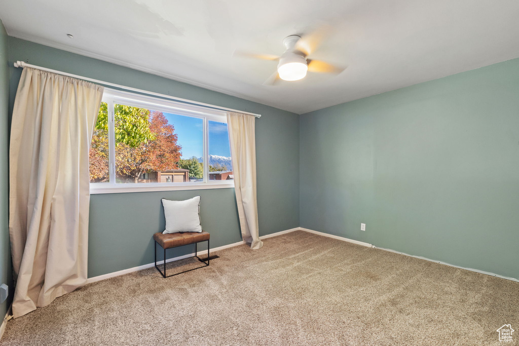 Carpeted spare room with ceiling fan