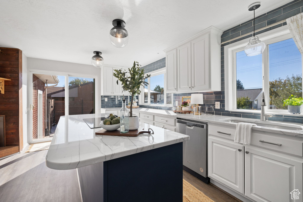 Kitchen featuring white cabinetry, dishwasher, plenty of natural light, and sink