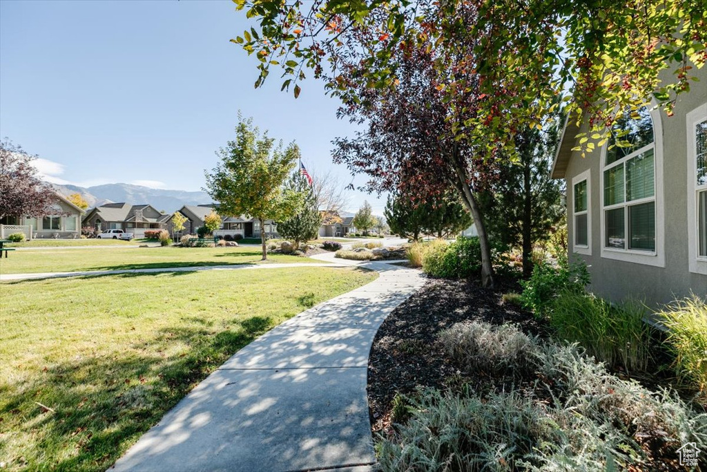 View of property\'s community with a residential view, a lawn, and a mountain view