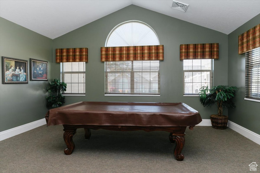 Game room featuring a wealth of natural light, lofted ceiling, and carpet