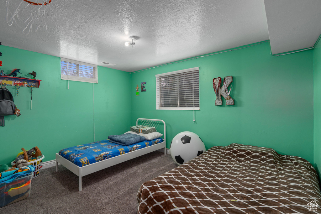 Carpeted bedroom featuring a textured ceiling