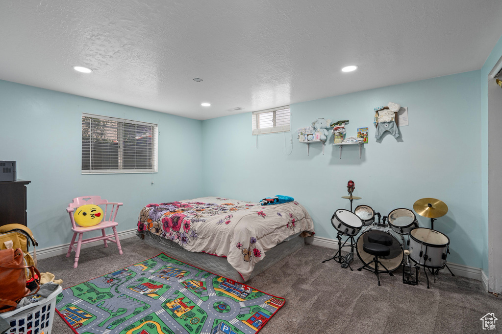 Bedroom with a textured ceiling, carpet flooring, and multiple windows