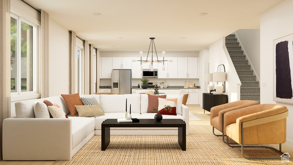 Living room with an inviting chandelier