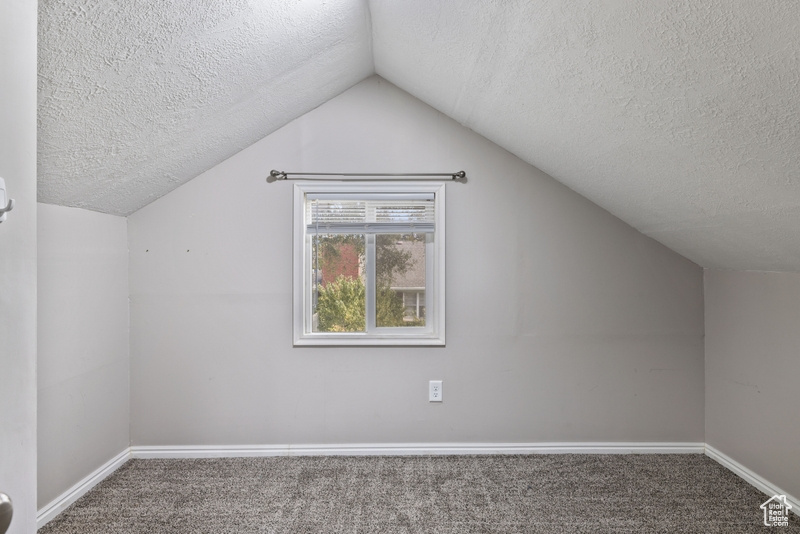 Bonus room featuring a textured ceiling, carpet floors, and vaulted ceiling