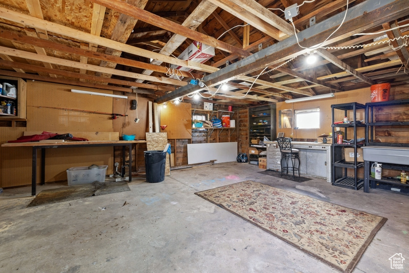 Basement with a workshop area