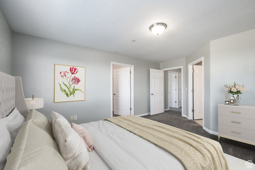 Carpeted bedroom with a closet, a textured ceiling, and a walk in closet