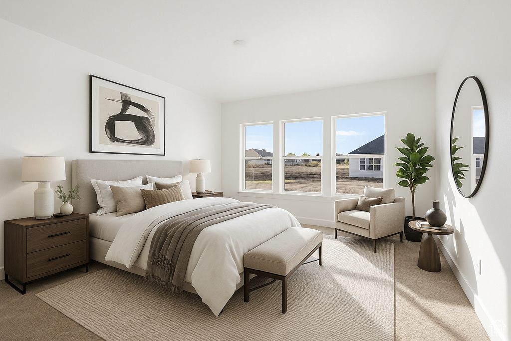 Bedroom with baseboards and light colored carpet