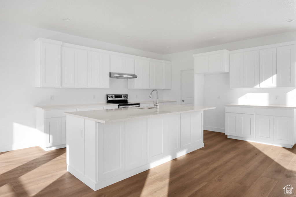 Kitchen with hardwood / wood-style floors, stainless steel electric stove, white cabinets, exhaust hood, and a center island with sink