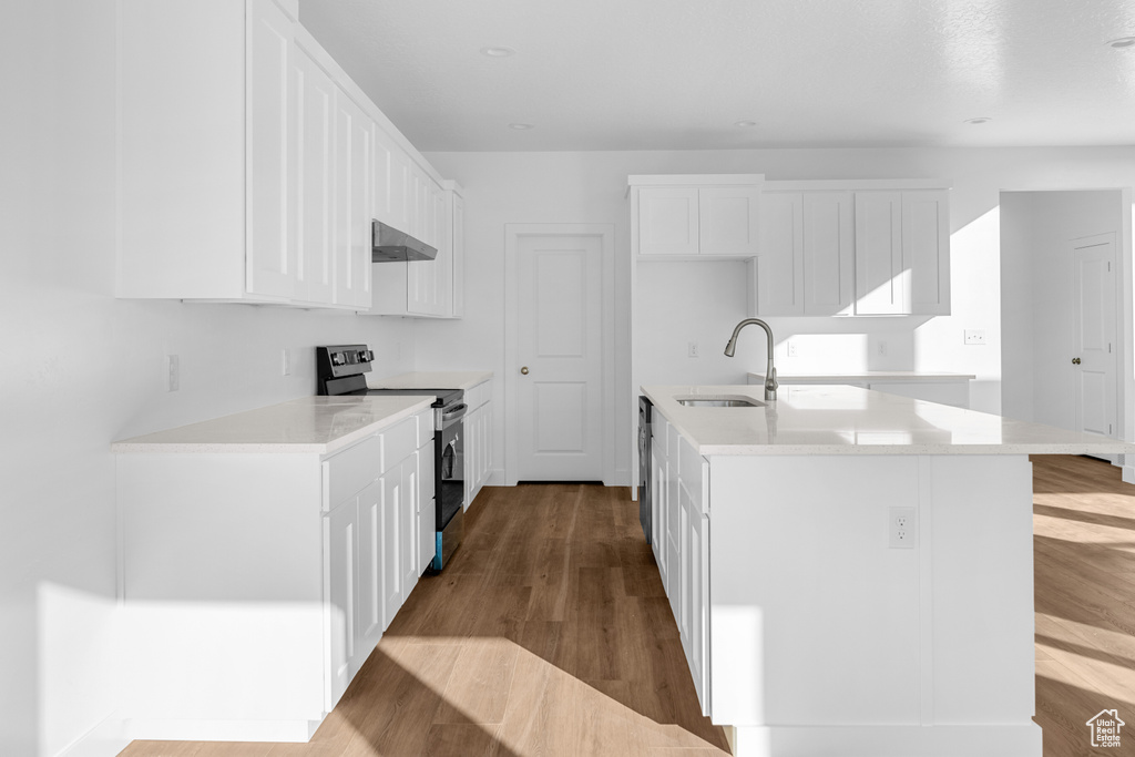 Kitchen featuring appliances with stainless steel finishes, white cabinetry, sink, and light wood-type flooring