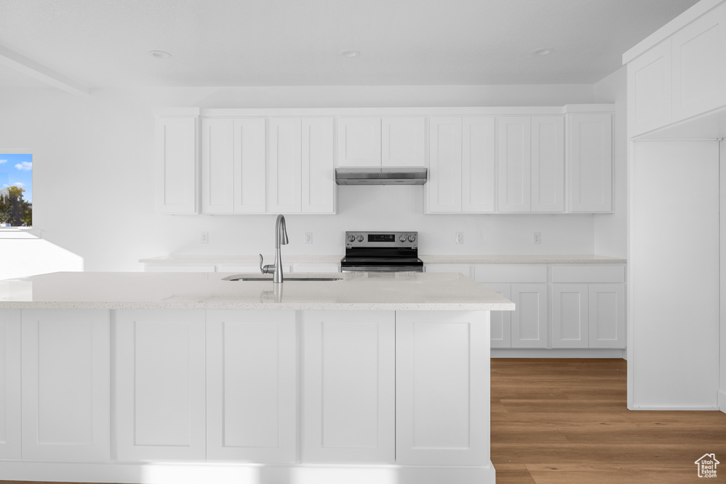 Kitchen featuring stainless steel electric stove, light stone counters, white cabinetry, light hardwood / wood-style flooring, and sink