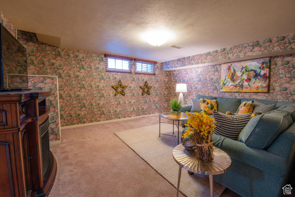 Living room with a textured ceiling and carpet flooring