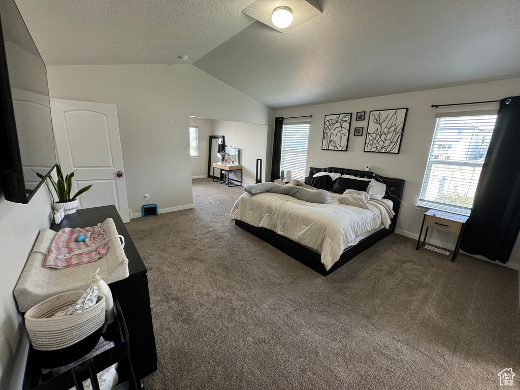 Carpeted bedroom featuring vaulted ceiling