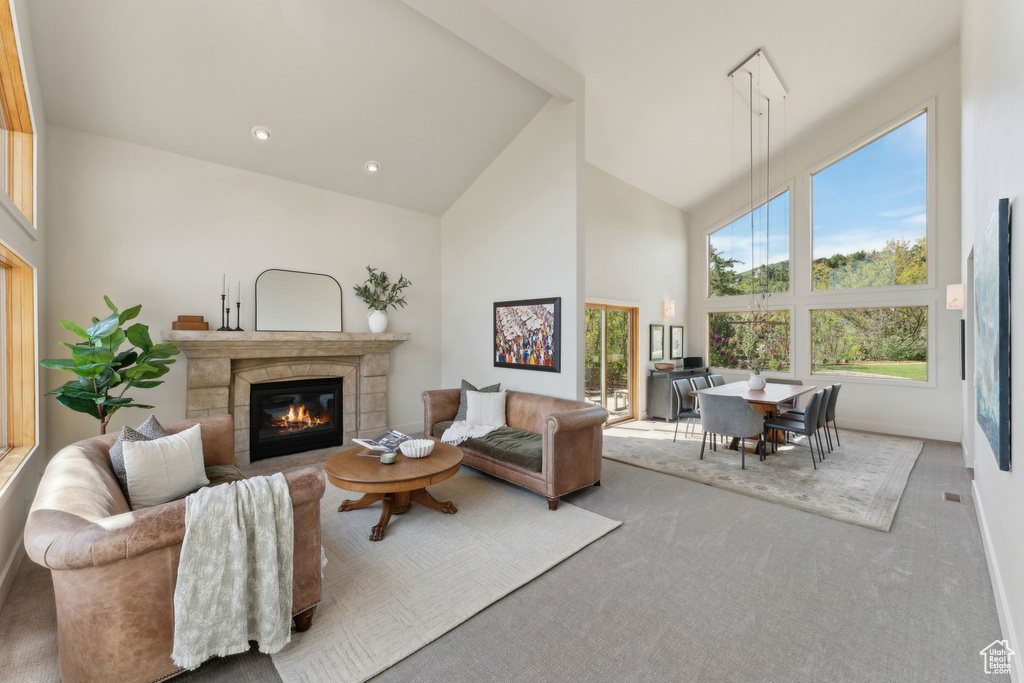 Living room with high vaulted ceiling, a glass covered fireplace, carpet, and baseboards