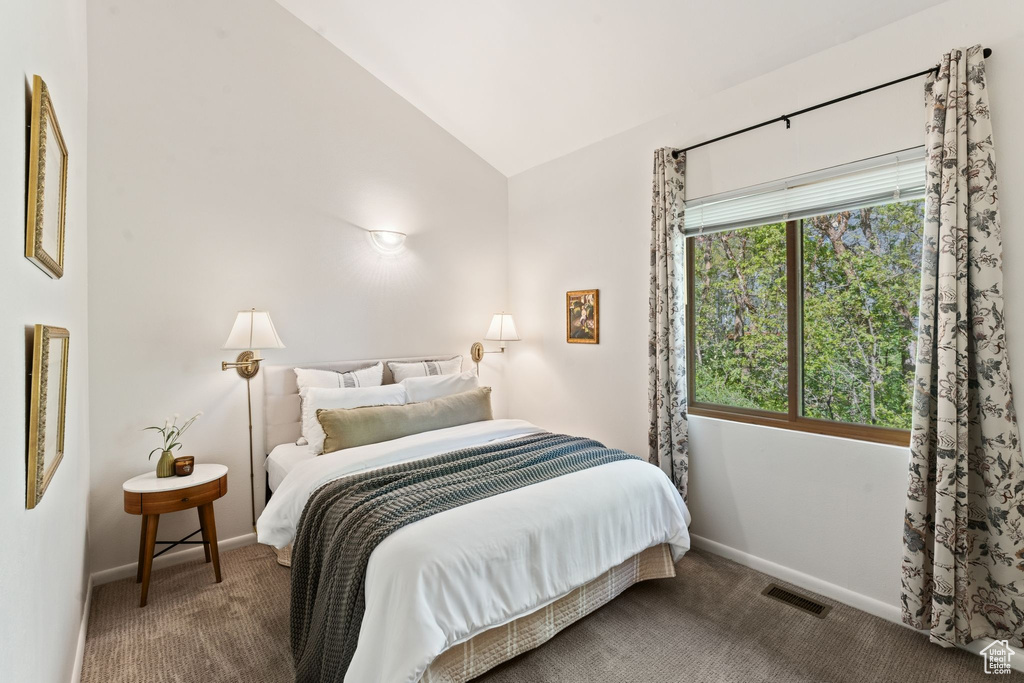 Carpeted bedroom with lofted ceiling and baseboards