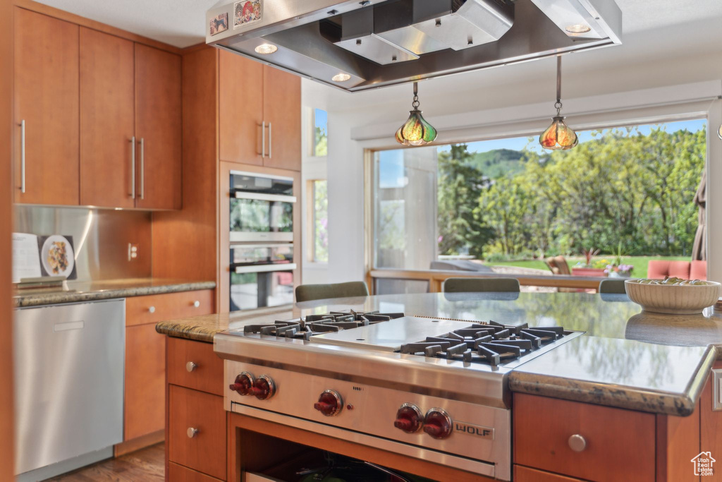 Kitchen with stainless steel appliances, ventilation hood, brown cabinets, hanging light fixtures, and wood finished floors