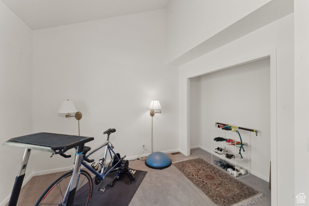 Exercise room with carpet and baseboards