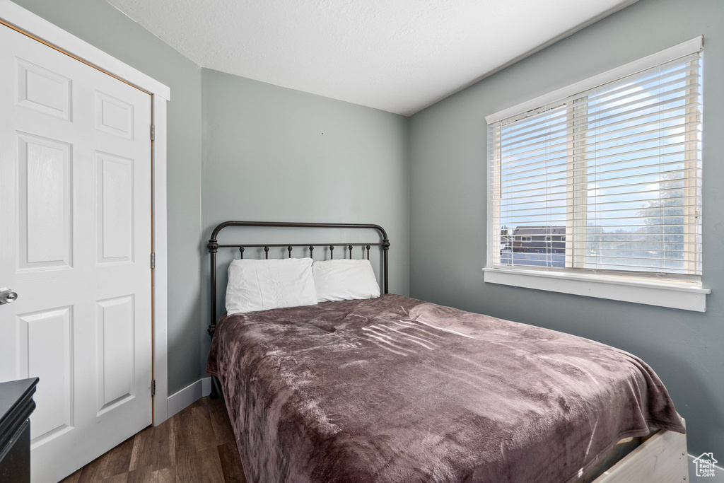 Bedroom with dark hardwood / wood-style flooring