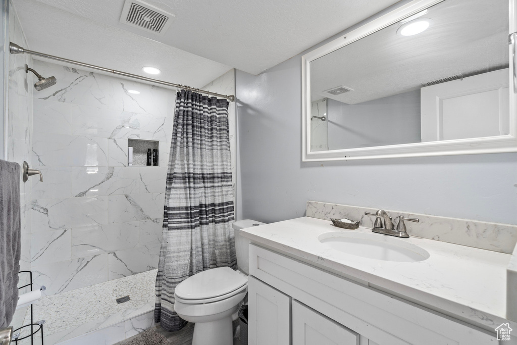 Bathroom featuring vanity, a shower with shower curtain, and toilet