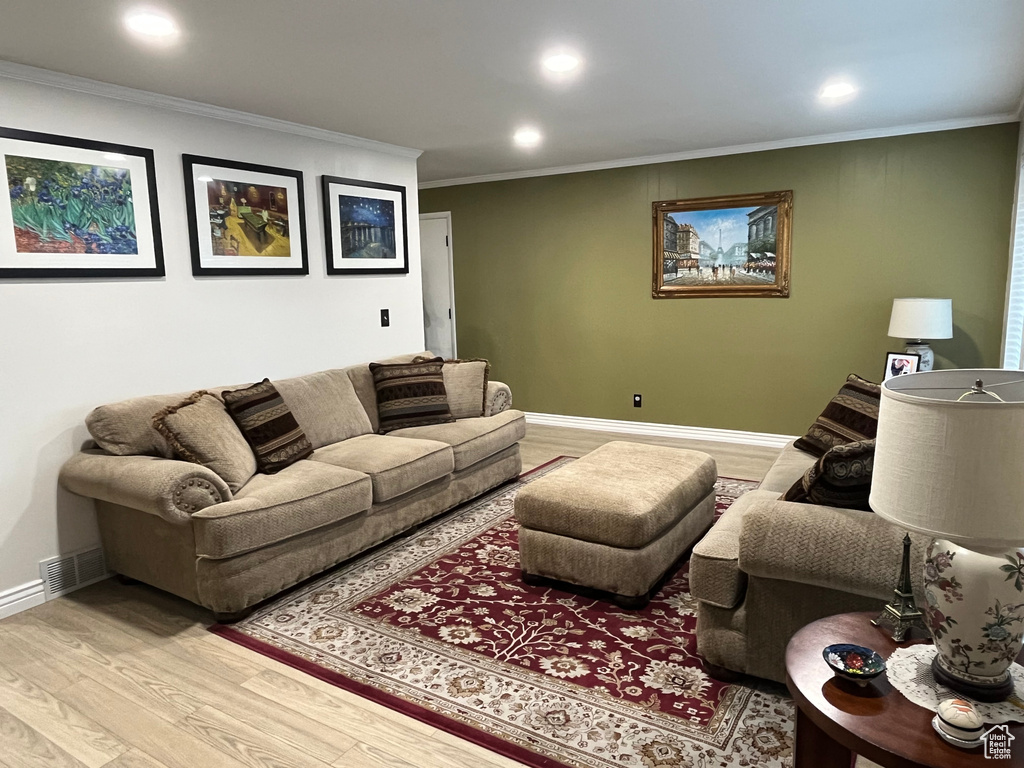 Living room featuring ornamental molding and light wood-type flooring