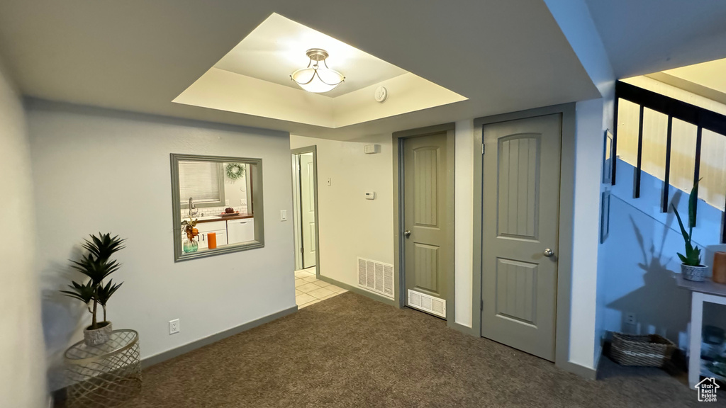 Interior space featuring sink, carpet flooring, and a tray ceiling