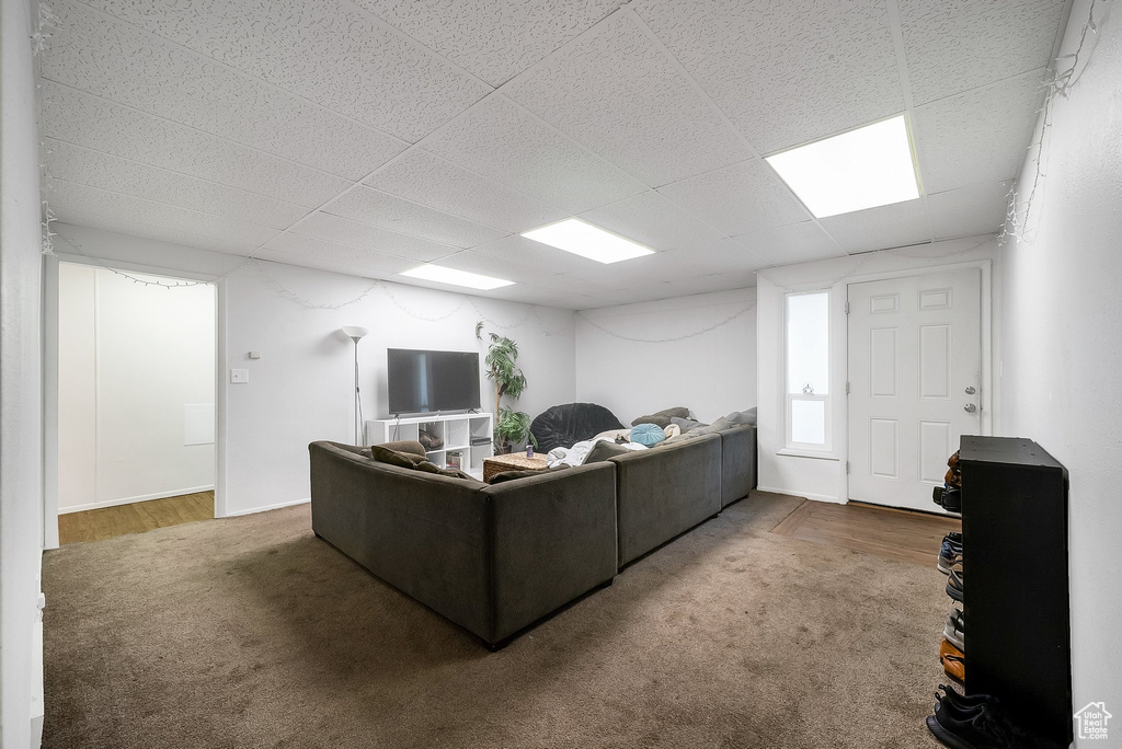 Living room featuring a drop ceiling and wood-type flooring