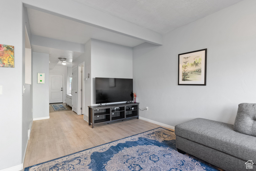 Living room with light hardwood / wood-style floors