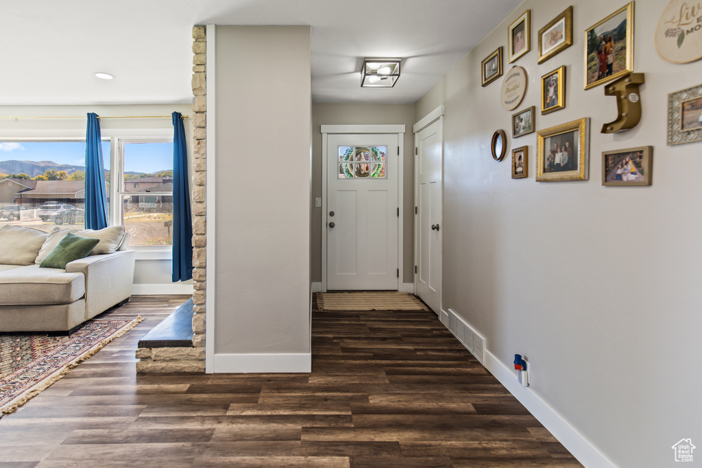 Entrance foyer featuring dark wood-type flooring