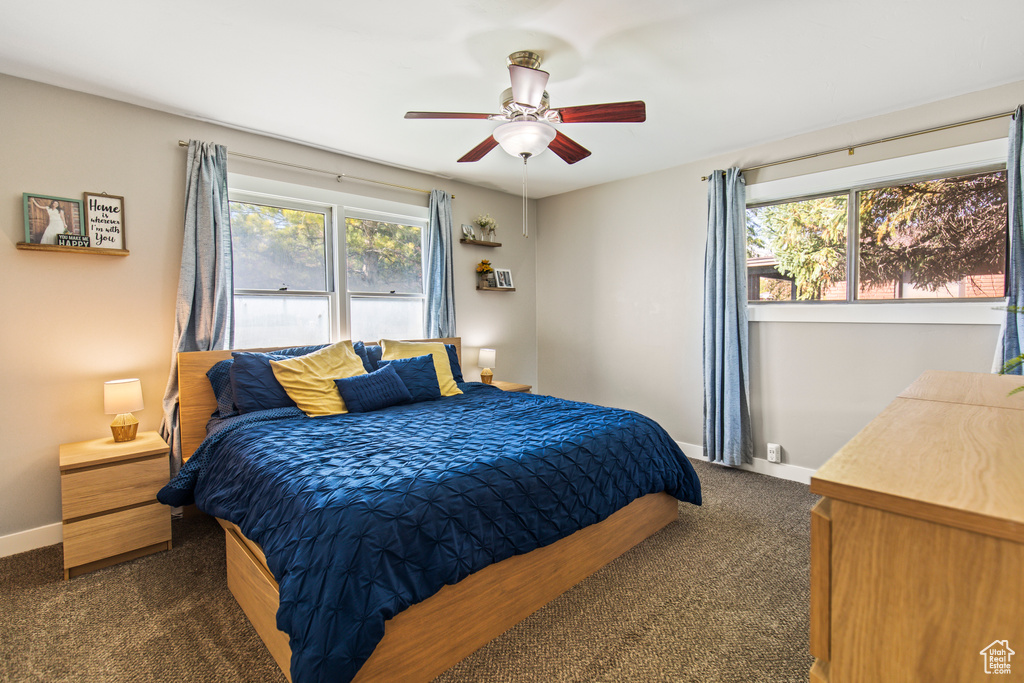 Bedroom with multiple windows, dark carpet, and ceiling fan