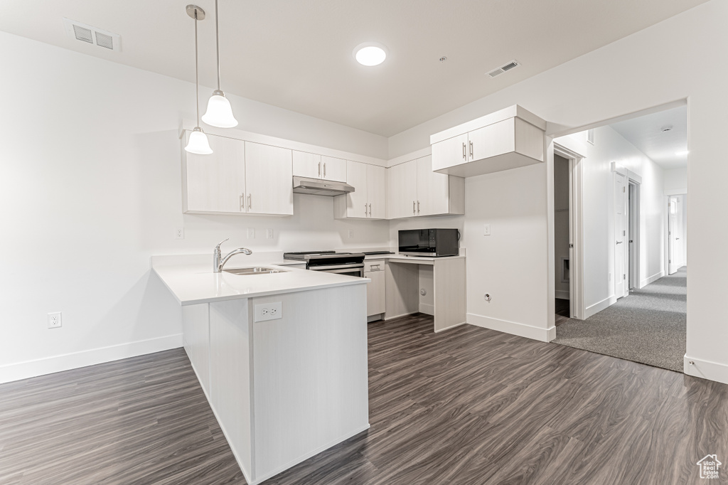 Kitchen featuring visible vents, a peninsula, a sink, electric stove, and under cabinet range hood