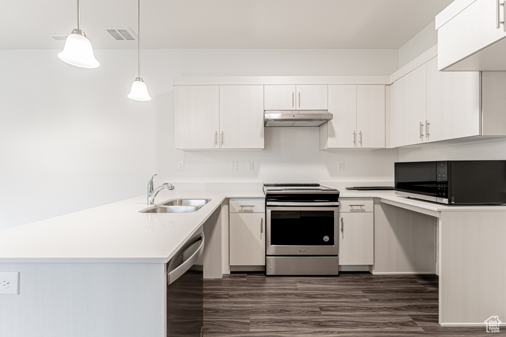 Kitchen with under cabinet range hood, light countertops, appliances with stainless steel finishes, a peninsula, and a sink