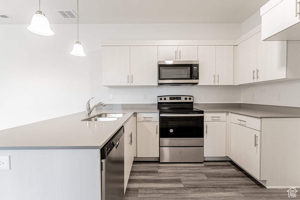Kitchen featuring appliances with stainless steel finishes, a sink, a peninsula, wood finished floors, and light countertops