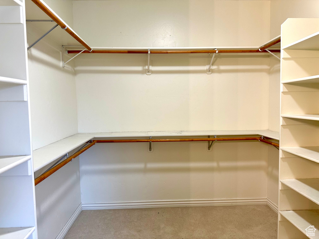 Walk in closet featuring light colored carpet