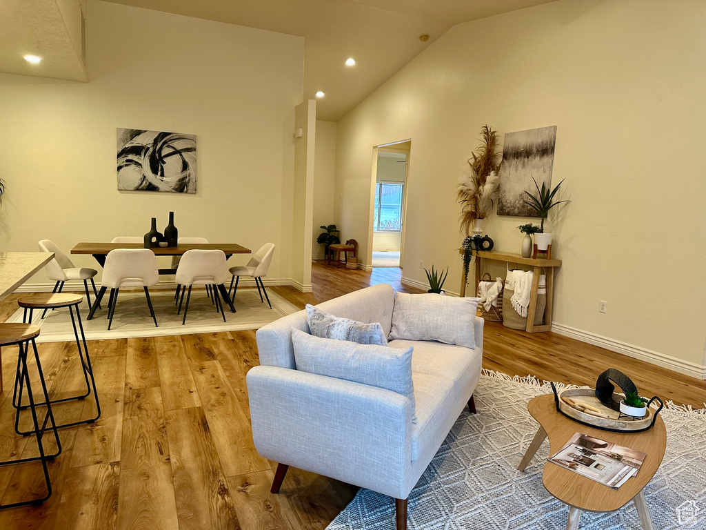 Living room with light wood-type flooring and vaulted ceiling