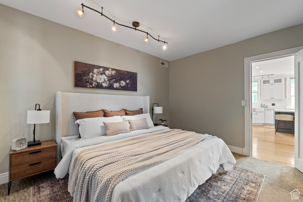 Carpeted bedroom with connected bathroom and track lighting