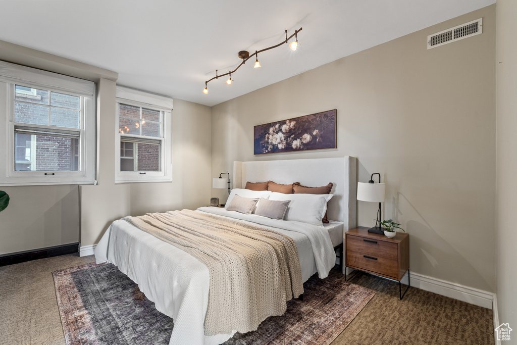 Carpeted bedroom with track lighting