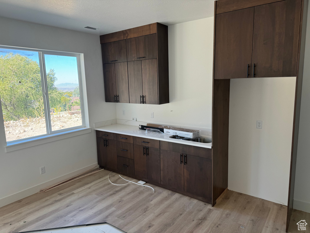 Kitchen with dark brown cabinetry and light wood-type flooring